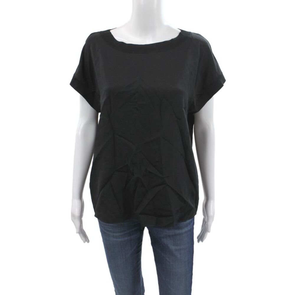Lafayette 148 New York Womens Basic Black Silk Blouse Short Sleeve Size XS